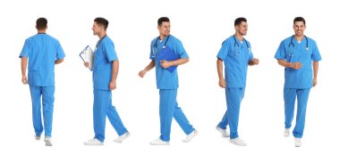 Beyaz arkaplanda doktor fotoğraflarıyla kolaj, afiş tasarımı 