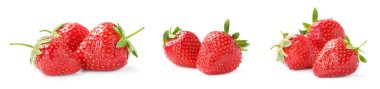 Beyaz arka planda lezzetli olgun çilek seti. Pankart tasarımı