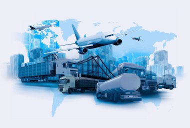 Logistics concept. Multiple exposure of different transports and world map, toned in blue clipart