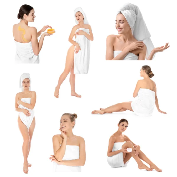 Mooie Vrouwen Met Handdoeken Witte Achtergrond Collage — Stockfoto