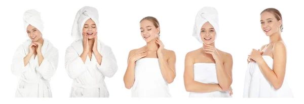 Beautiful Woman Towel White Background Collage Banner Design — Stock Photo, Image