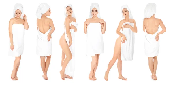 Mooie Vrouw Met Handdoek Witte Achtergrond Collage Banner Ontwerp — Stockfoto