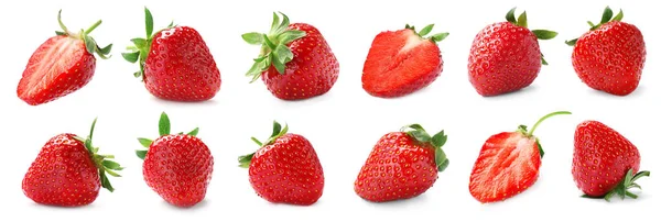 白い背景においしい甘いイチゴをセットします バナーデザイン — ストック写真