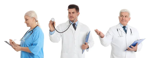 白い背景の医師の写真とコラージュ バナーデザイン — ストック写真