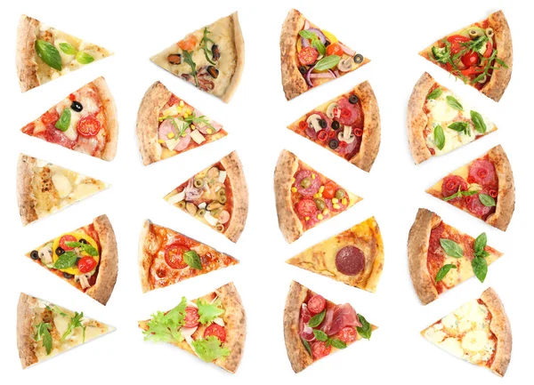 白い背景に異なるピザのスライスとセット トップビュー — ストック写真
