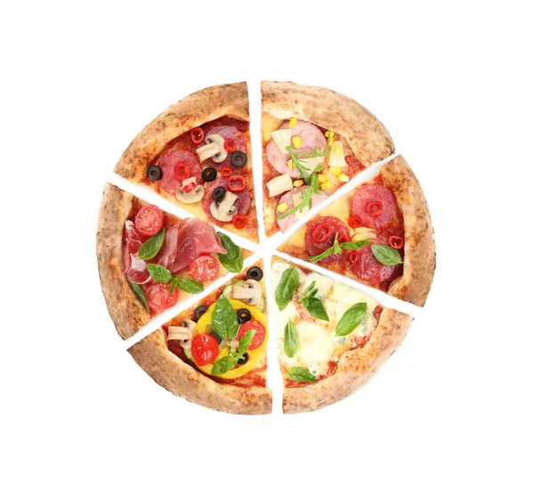 Slices Different Pizzas White Background Top View — Stock Photo, Image