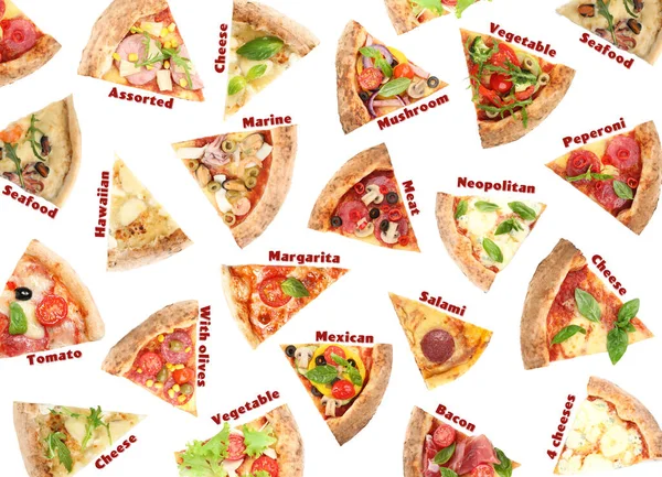 Conjunto Com Fatias Diferentes Pizzas Sobre Fundo Branco Vista Superior — Fotografia de Stock