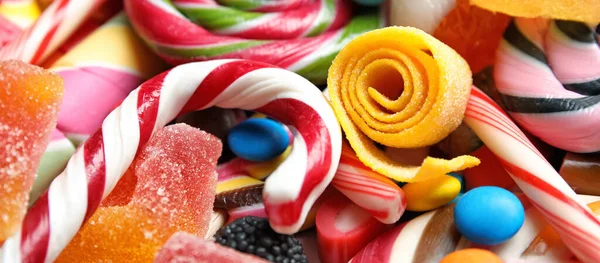 Wiele Różnych Pyszne Cukierki Jako Tło Projekt Banera — Zdjęcie stockowe