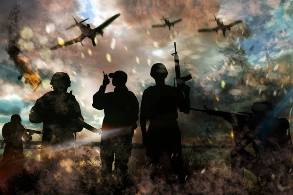 Silhouettes Soldiers Planes Combat Zone Military Service — Stock Photo, Image