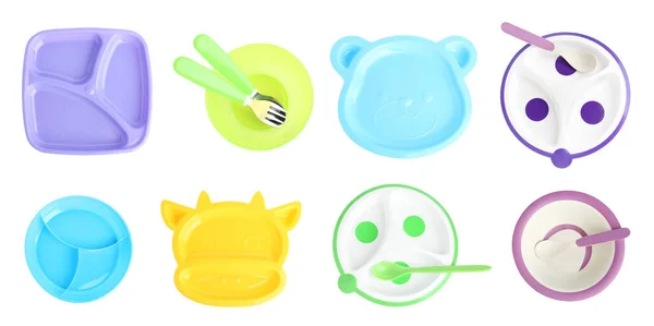 Set Plastic Dishware Baby Food White Background Top View Banner — Stock Photo, Image