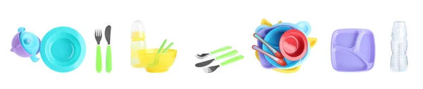 Sada Plastových Nádobí Pro Dětskou Výživu Bílém Pozadí Banner Design — Stock fotografie