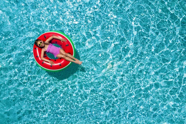 Cute Little Girl Inflatable Ring Swimming Pool Top View Space — Stock Photo, Image