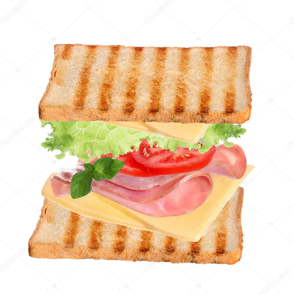 Delicious sandwich with flying toasted bread, ham and other ingredients on white background