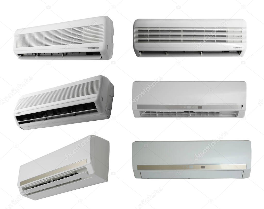 Set with different modern air conditioners on white background 