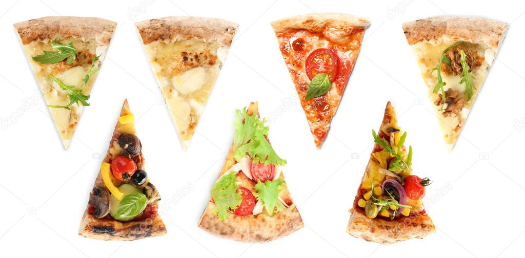 Set with slices of different pizzas on white background, top view. Banner design