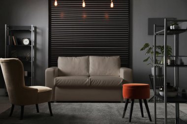 Şık bir oturma odası, zarif deri koltuklar.