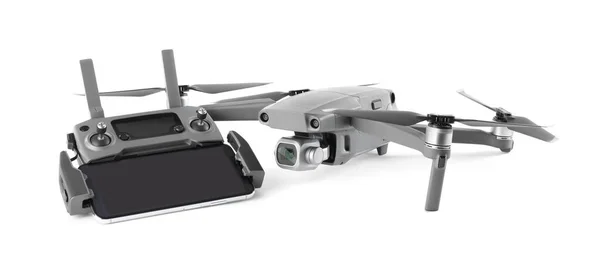 Drone Moderne Contrôleur Avec Smartphone Isolé Sur Blanc — Photo