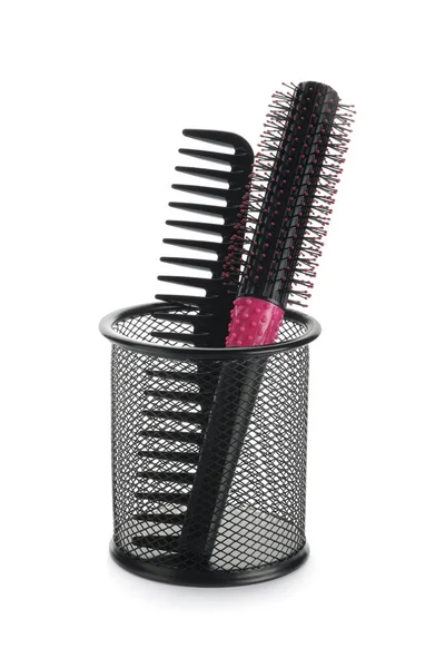 Neue Moderne Haarbürste Und Kamm Metallhalter Isoliert Auf Weiß — Stockfoto