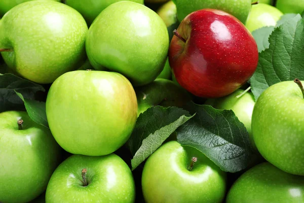 Tasty Green Apples Red One Background Closeup — Stock Photo, Image