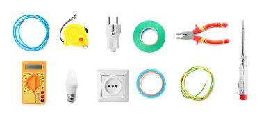 Beyaz arkaplanda elektrikçi araçları ve ekipman seti, afiş tasarımı