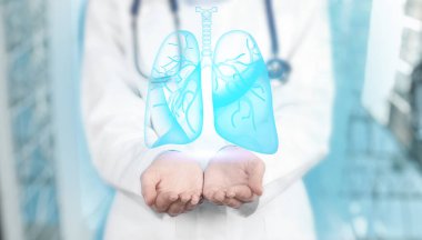 Pulmonoloji solunum hastalıklarını tedavi ediyor. Bronşit, tüberküloz, astım, amfizem, zatürree ve göğüs enfeksiyonu. Akciğerleri olan doktor illüstrasyon, afiş tasarımı