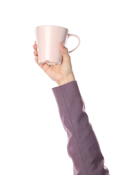 Mujer Sosteniendo Taza Sobre Fondo Blanco Primer Plano —  Fotos de Stock