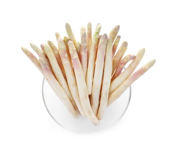 Fresh Raw Asparagus Glass Bowl Isolated White Top View — Stock Photo, Image