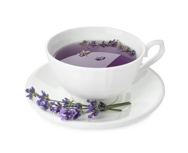 Friss Finom Tea Levendulával Gyönyörű Virágokkal Fehér Alapon Elszigetelve — Stock Fotó