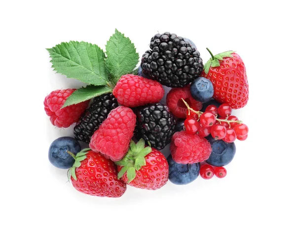 Pile Different Ripe Tasty Berries Green Leaves Isolated White Top — Stock Photo, Image