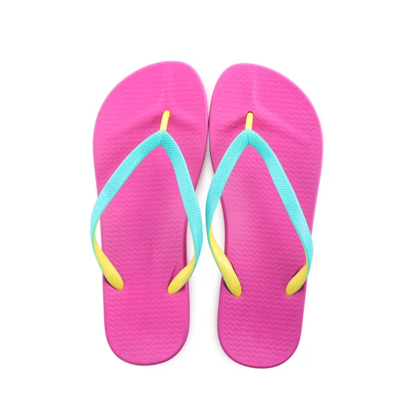 Een Paar Stijlvolle Roze Teenslippers Geïsoleerd Wit Bovenaanzicht Strand Object — Stockfoto