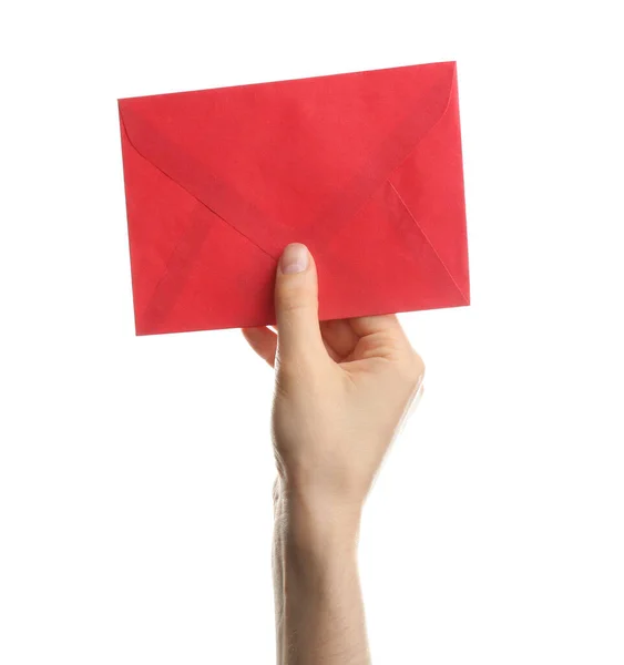 Mujer Sosteniendo Sobre Papel Rojo Sobre Fondo Blanco Primer Plano — Foto de Stock