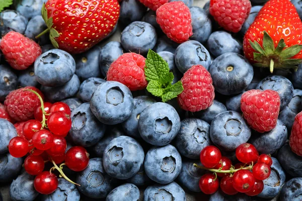 Mix Fresh Delicious Berries Background Top View — Stock Photo, Image