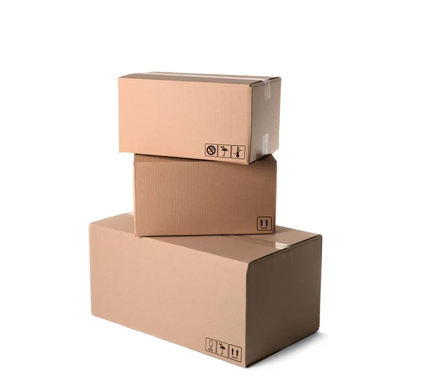 Stack Parcels Different Packaging Symbols White Background — Stock Photo, Image