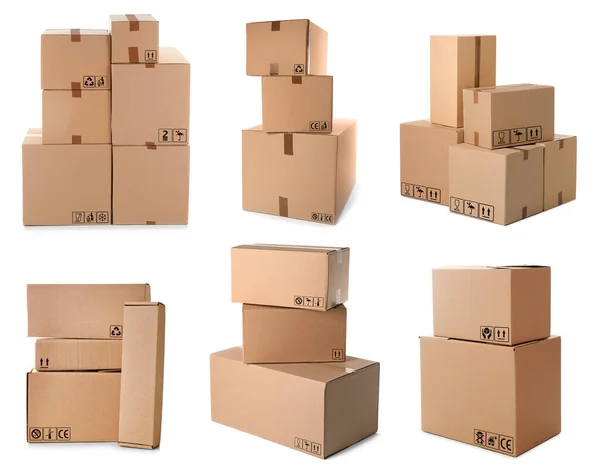 Uppsättning Paket Med Olika Förpackningssymboler Vit Bakgrund — Stockfoto