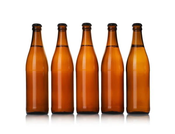 Hnědé Láhve Pivem Izolované Bílé — Stock fotografie