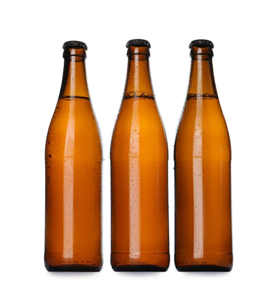 Hnědé Láhve Pivem Izolované Bílé — Stock fotografie