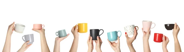 Collage Photos People Holding Different Cups White Background Closeup Banner — Stock Photo, Image