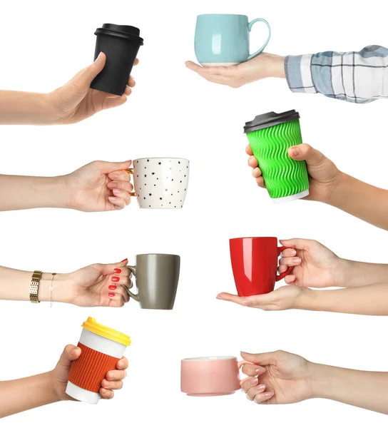 白い背景に異なるカップを持つ人々の写真とコラージュ クローズアップ — ストック写真