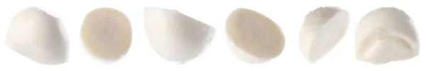 Kawałki Pysznego Sera Mozzarella Latające Białym Tle Projekt Baner — Zdjęcie stockowe