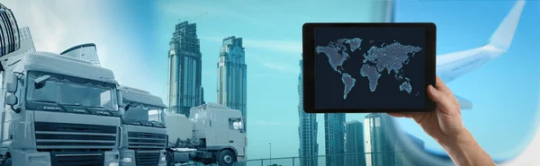 Logistics concept, banner design. Man using tablet with world map, closeup. Trucks and buildings on background, toned in blue