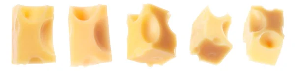 Pezzi Delizioso Formaggio Che Vola Sfondo Bianco Design Banner — Foto Stock