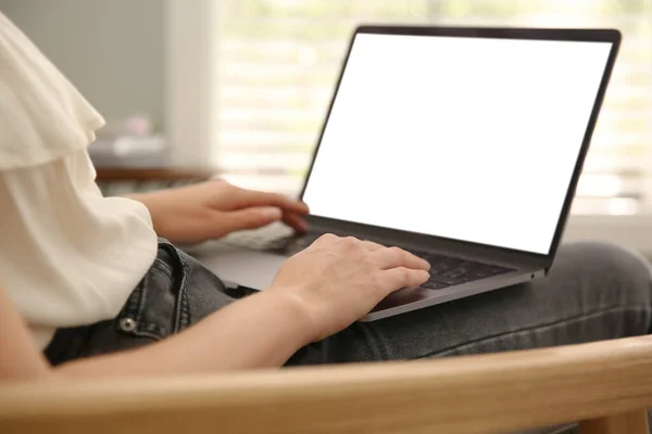 Woman Working Modern Laptop Indoors Closeup Stock Image