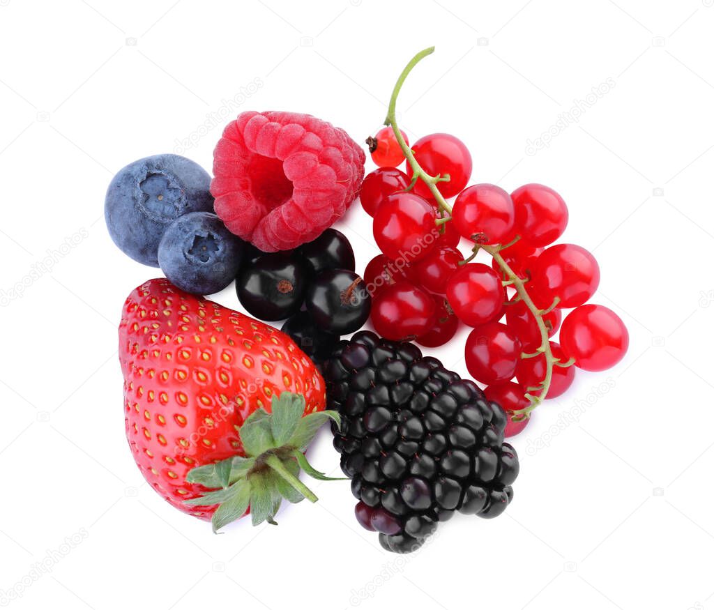 Pile of different ripe tasty berries isolated on white, top view