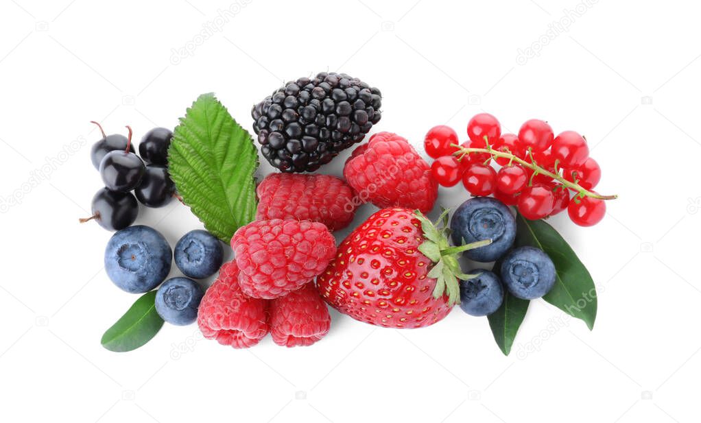 Mix of different fresh berries isolated on white, top view