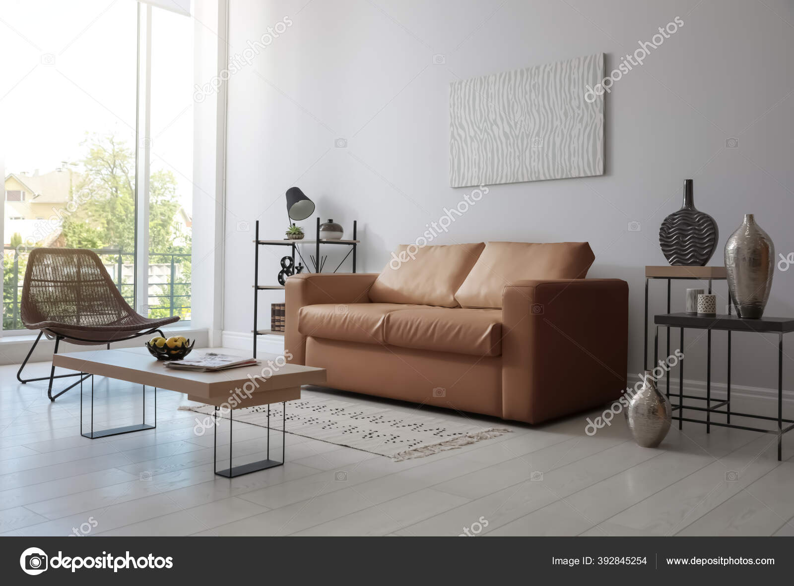 Modern Living Room Interior Stylish Leather Sofa Stock Photo by