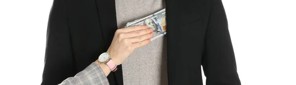 Woman Giving Bribe Money Man White Background Closeup Banner Design — Stock Photo, Image