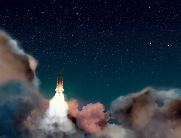 Lançado Foguete Voo Fundo Céu Estrelado Noite Missão Espacial — Fotografia de Stock