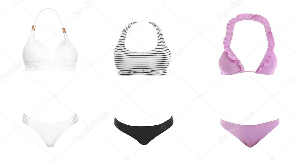 Set of different stylish bikinis on white background 