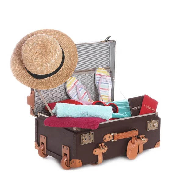 Open Vintage Suitcase Clothes Packed Summer Vacation Isolated White — Stock Photo, Image