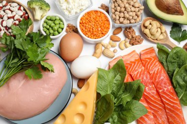 Beyaz zemin üzerinde protein açısından zengin farklı ürünler, düz serili